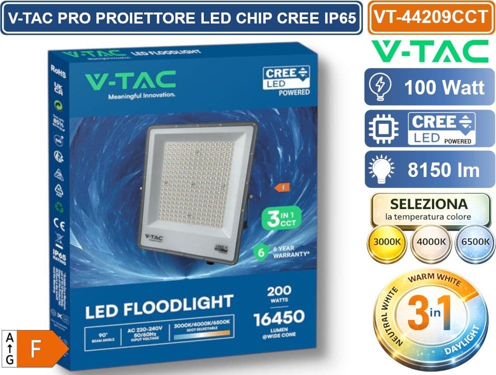 V-TAC PRO VT-44209CCT PROIETTORE SMD LED 200W CHIP CREE DA ESTERNO IP65 CON SWITCH CCT PER SELEZIONE LUCE 3000K/4000K/6500K - SKU 240706 - 4