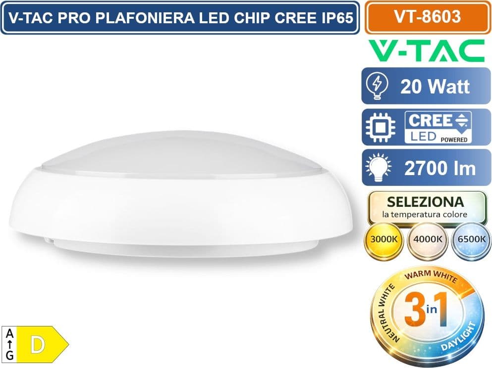 V-TAC PRO VT-8603 PLAFONIERA LED ROTONDA 20W SMD CHIP CREE DIMMERABILE IP65 IK08 CON SWITCH CCT PER SELEZIONE LUCE 3000K/4000K/6500K - SKU 801-24-6 - 5