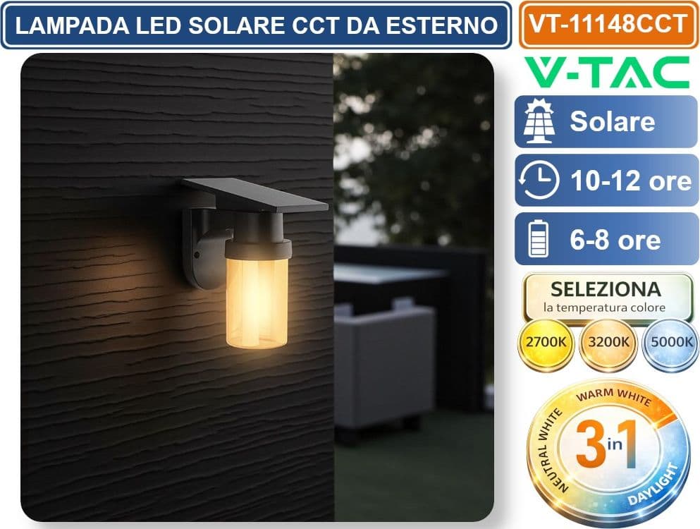 V-TAC VT-11148CCT LAMPADA LED SOLARE 0.9W  DA PARETE CON TELECOMANDO CCT PER SELEZIONE LUCE 2700K/3200K/500K NERA IP54 - 2