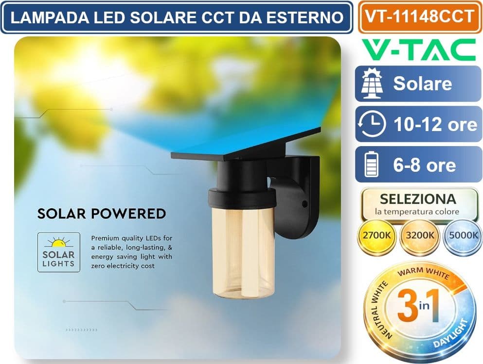 V-TAC VT-11148CCT LAMPADA LED SOLARE 0.9W  DA PARETE CON TELECOMANDO CCT PER SELEZIONE LUCE 2700K/3200K/500K NERA IP54 - 3