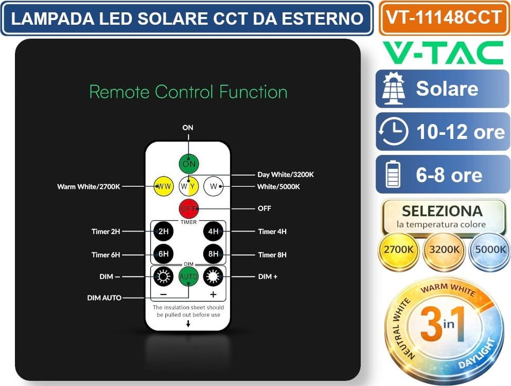 V-TAC VT-11148CCT LAMPADA LED SOLARE 0.9W  DA PARETE CON TELECOMANDO CCT PER SELEZIONE LUCE 2700K/3200K/500K NERA IP54 - 4