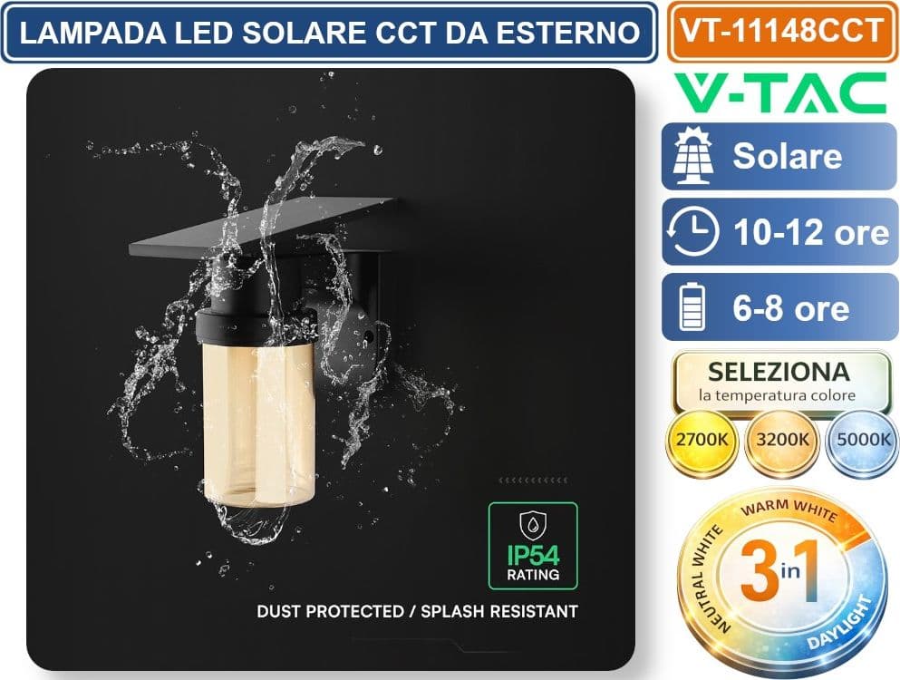 V-TAC VT-11148CCT LAMPADA LED SOLARE 0.9W  DA PARETE CON TELECOMANDO CCT PER SELEZIONE LUCE 2700K/3200K/500K NERA IP54 - 5