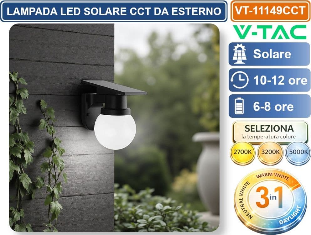 V-TAC VT-11149CCT LAMPADA LED SOLARE 0.9W  DA PARETE CON TELECOMANDO CCT PER SELEZIONE LUCE 2700K/3200K/500K NERA IP54 - 2
