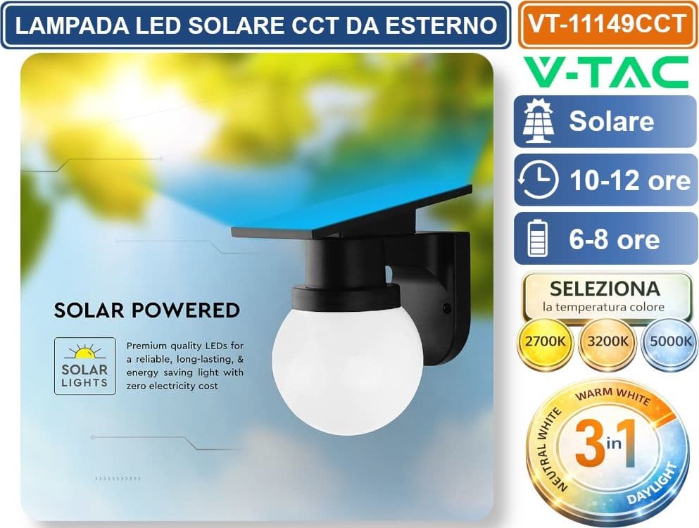 V-TAC VT-11149CCT LAMPADA LED SOLARE 0.9W  DA PARETE CON TELECOMANDO CCT PER SELEZIONE LUCE 2700K/3200K/500K NERA IP54 - 3