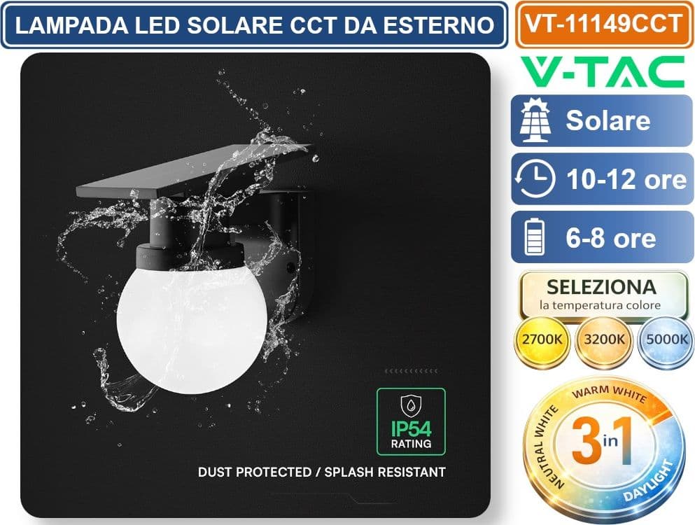 V-TAC VT-11149CCT LAMPADA LED SOLARE 0.9W  DA PARETE CON TELECOMANDO CCT PER SELEZIONE LUCE 2700K/3200K/500K NERA IP54 - 5