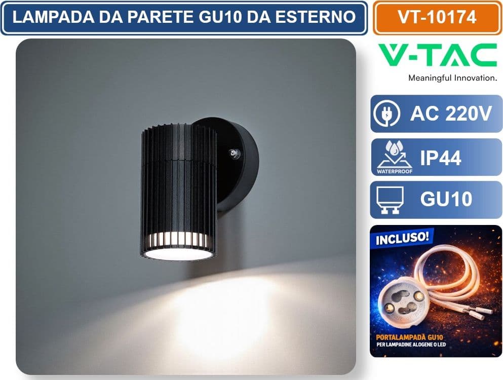 V-TAC VT-10174 LAMPADA LED DA PARETE GU10 POTENZA MAX 10W DESIGN MODERNO COLORE NERO IP44 - SKU 24166 - 2