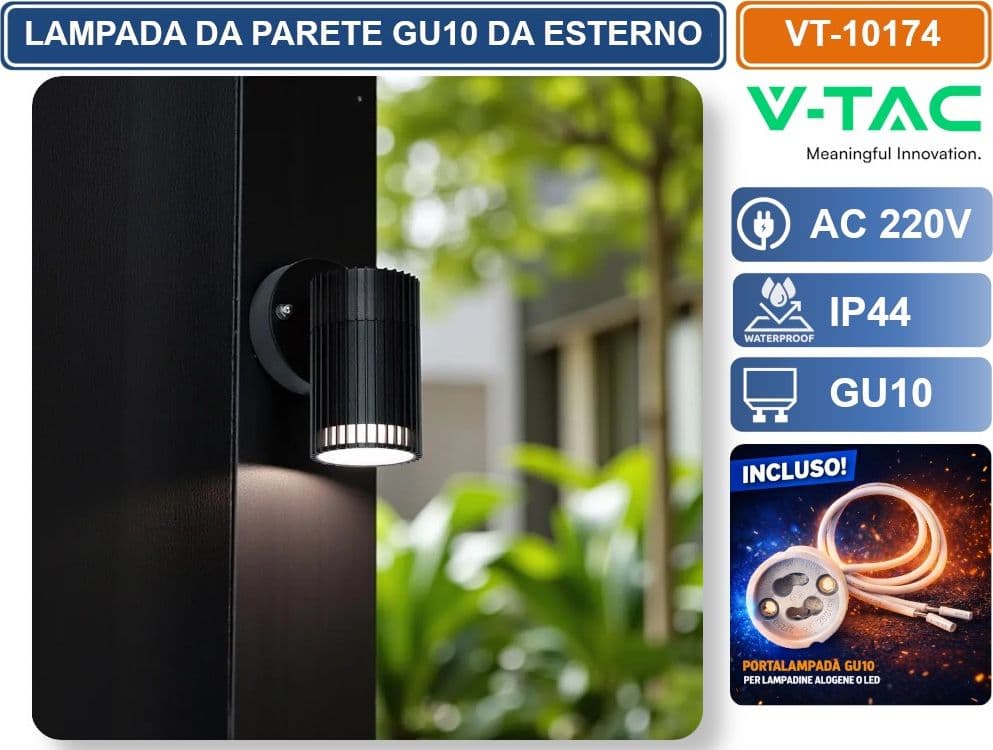 V-TAC VT-10174 LAMPADA LED DA PARETE GU10 POTENZA MAX 10W DESIGN MODERNO COLORE NERO IP44 - SKU 24166 - 3