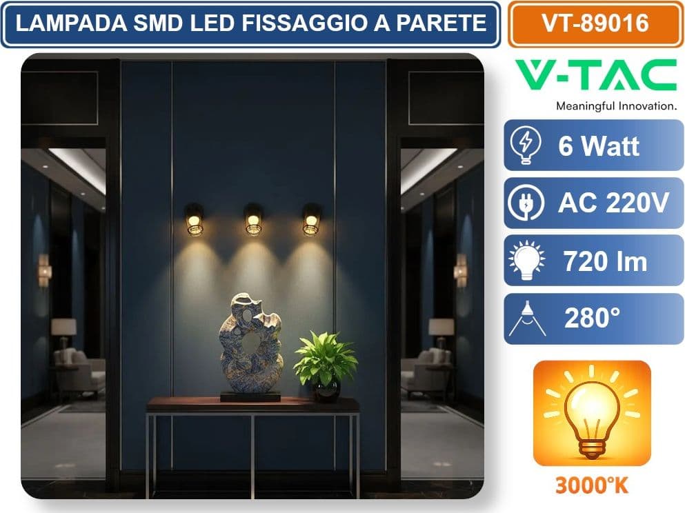 V-TAC VT-89016 LAMPADA LED A PLAFONE 6W CON FARETTO ORIENTABILE COLORE NERO 3000K - 24122 - 2