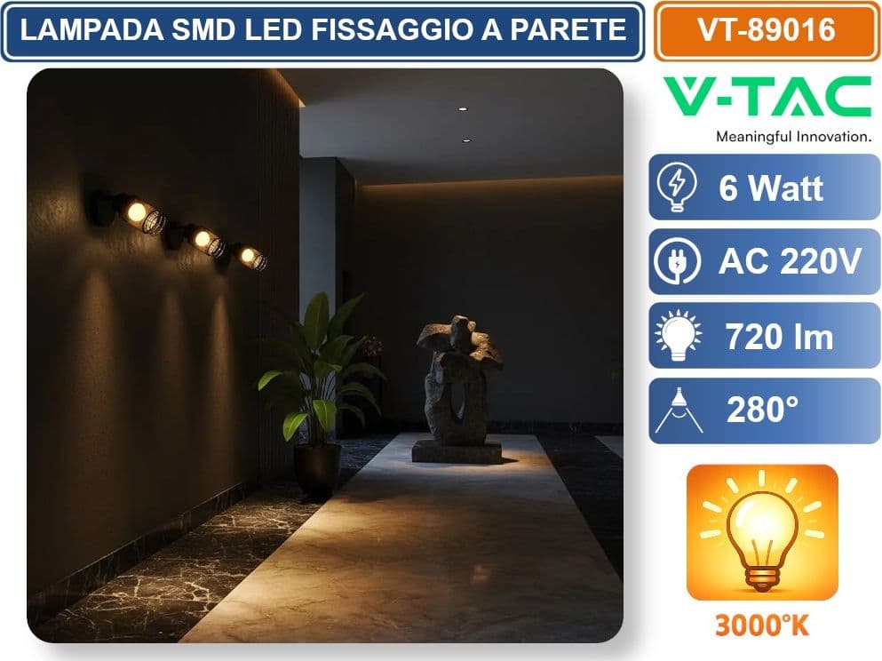 V-TAC VT-89016 LAMPADA LED A PLAFONE 6W CON FARETTO ORIENTABILE COLORE NERO 3000K - 24122 - 3