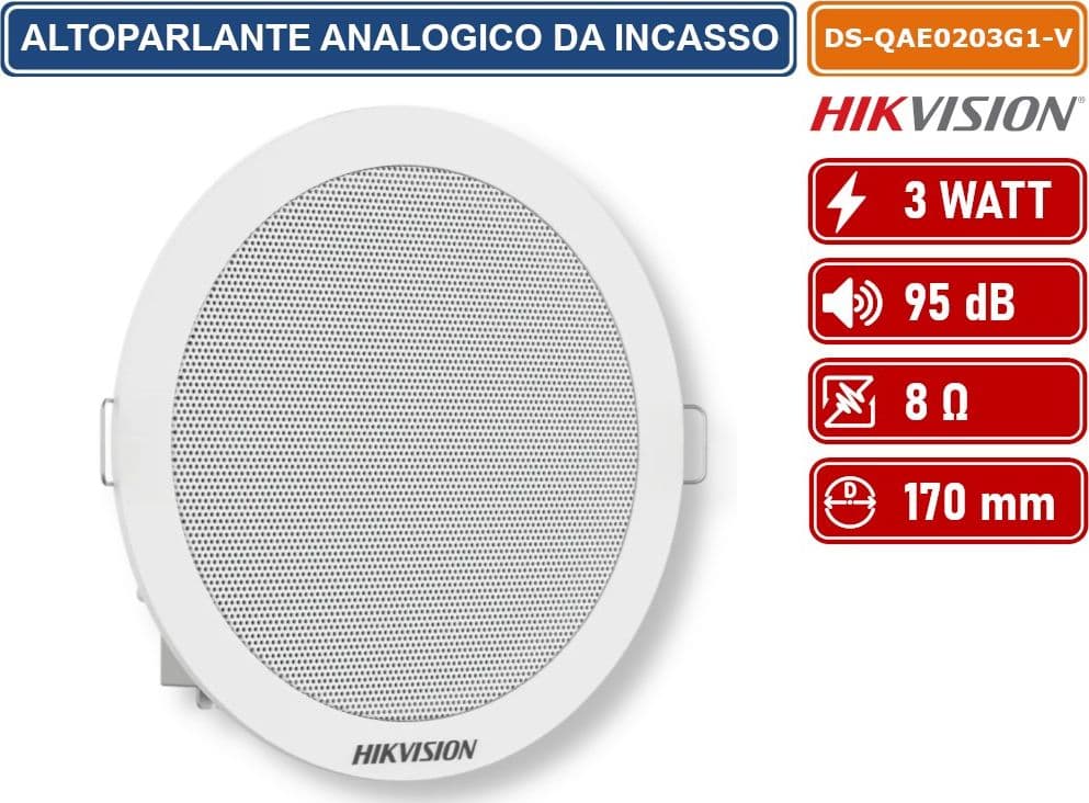 HIKVISION AUDIO DS-QAE0203G1-V ALTOPARLANTE ANALOGICO DA INCASSO 100V 3W 95DB 8OHM Ø170X64MM FORO 148MM