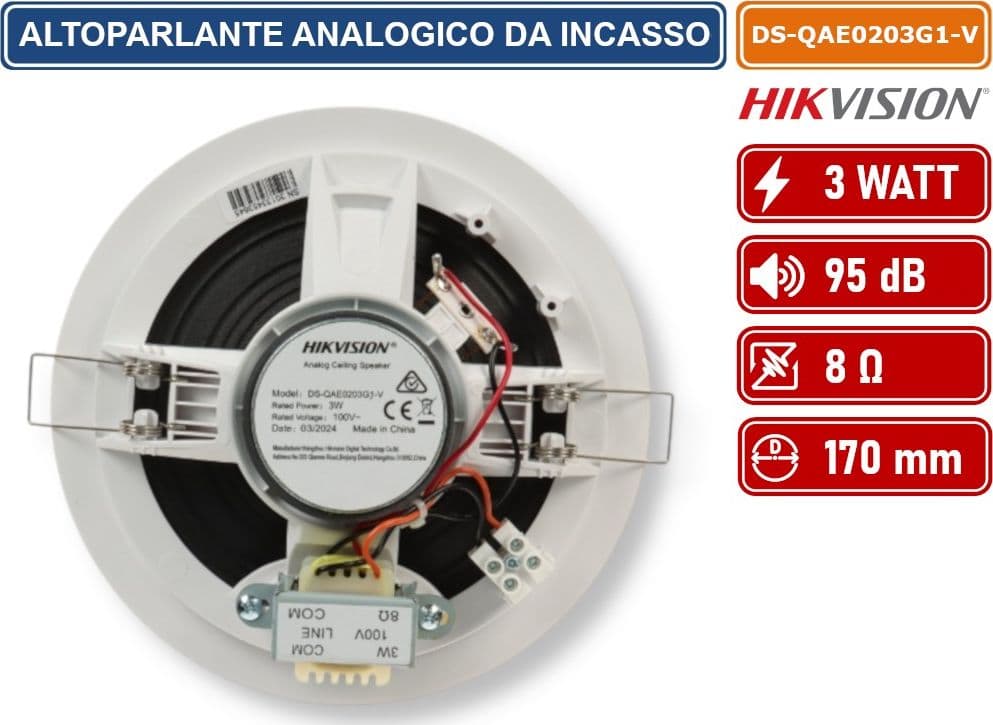 HIKVISION AUDIO DS-QAE0203G1-V ALTOPARLANTE ANALOGICO DA INCASSO 100V 3W 95DB 8OHM Ø170X64MM FORO 148MM - 4