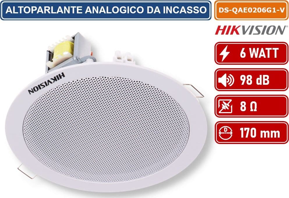 HIKVISION AUDIO DS-QAE0206G1-V ALTOPARLANTE ANALOGICO DA INCASSO 100V 6W 98DB 8OHM Ø170X64MM FORO 148MM - 2