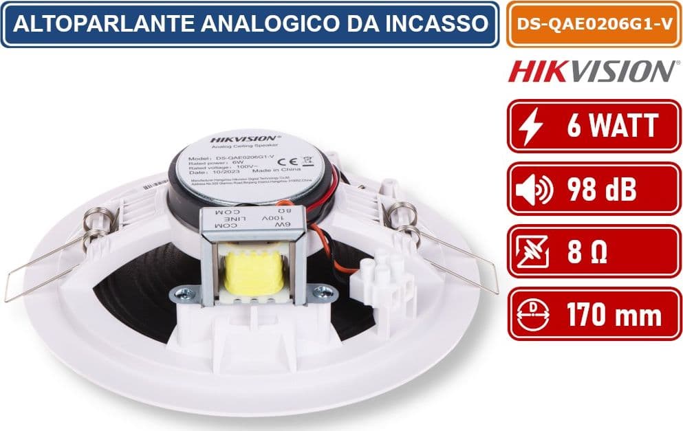 HIKVISION AUDIO DS-QAE0206G1-V ALTOPARLANTE ANALOGICO DA INCASSO 100V 6W 98DB 8OHM Ø170X64MM FORO 148MM - 3