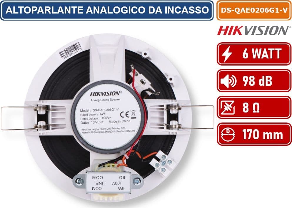 HIKVISION AUDIO DS-QAE0206G1-V ALTOPARLANTE ANALOGICO DA INCASSO 100V 6W 98DB 8OHM Ø170X64MM FORO 148MM - 4