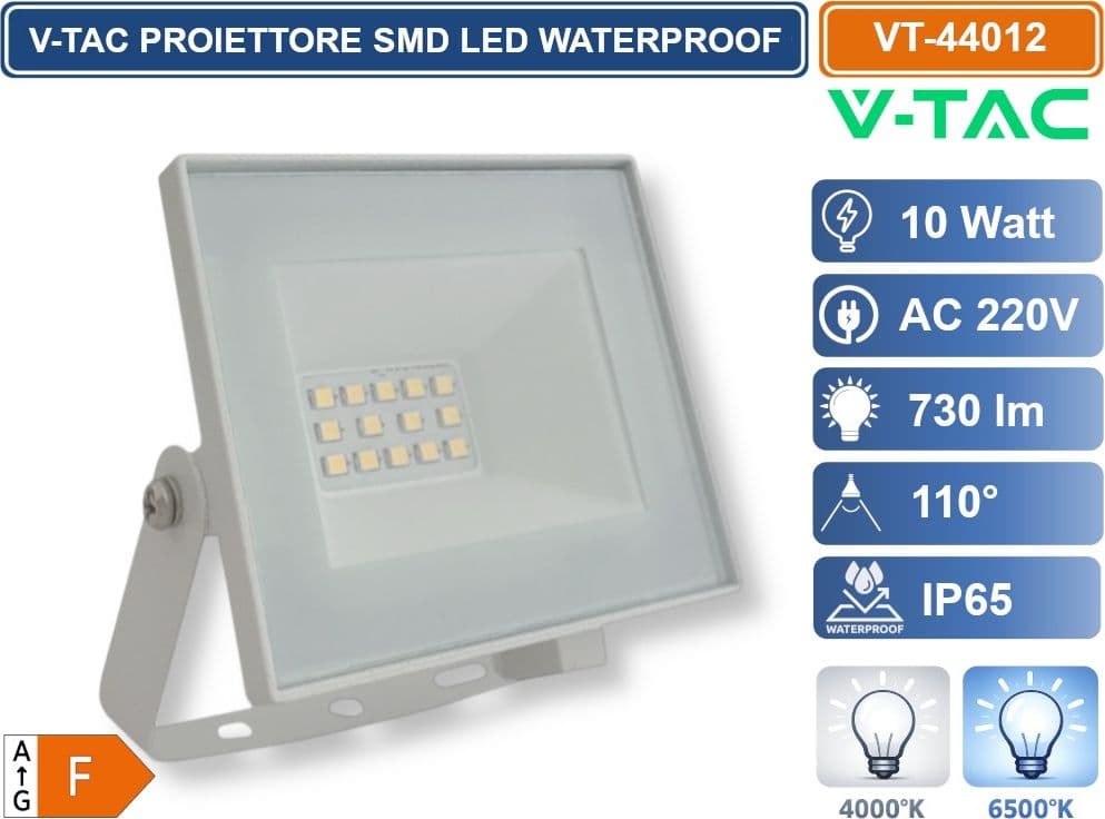 V-TAC VT-44012-W PROIETTORE FARO SMD LED ULTRASLIM 10W COLORE BIANCO DA ESTERNO IP65 4000K - 6500K - 2
