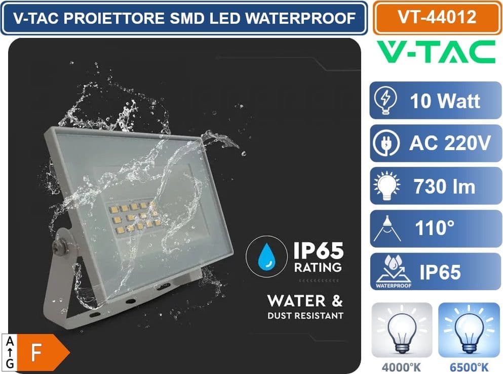 V-TAC VT-44012-W PROIETTORE FARO SMD LED ULTRASLIM 10W COLORE BIANCO DA ESTERNO IP65 4000K - 6500K - 3