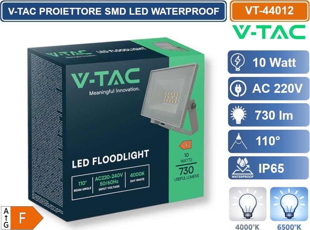 V-TAC VT-44012-W PROIETTORE FARO SMD LED ULTRASLIM 10W COLORE BIANCO DA ESTERNO IP65 4000K - 6500K - 4