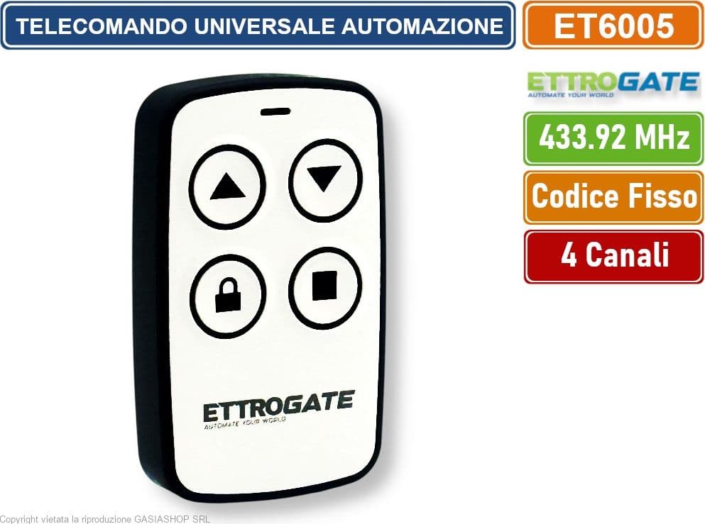 ETTROIT ET6005 TELECOMANDO RADIOCOMANDO PER AUTOMAZIONE CANCELLI 4 CANALI FREQUENZA 433 MHZ CODICE FISSO CODICE DI APPRENDIMENTO - 2