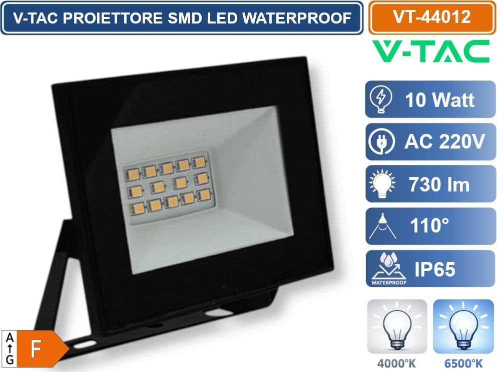 V-TAC VT-44012-B PROIETTORE FARO SMD LED ULTRASLIM 10W COLORE NERO DA ESTERNO IP65 4000K - 6500K - 2
