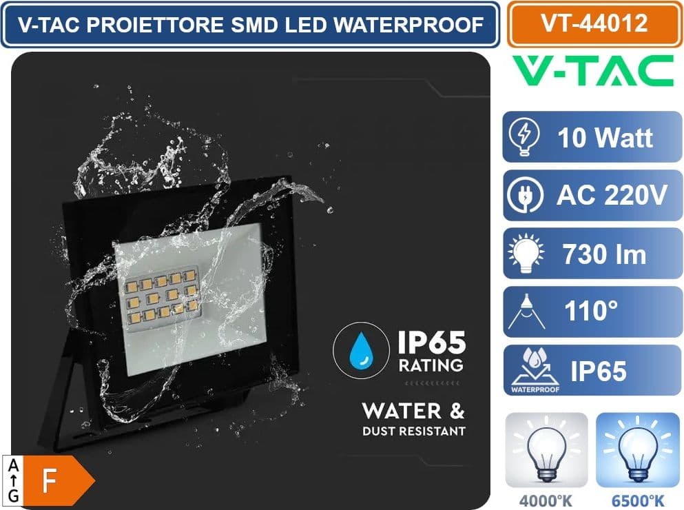 V-TAC VT-44012-B PROIETTORE FARO SMD LED ULTRASLIM 10W COLORE NERO DA ESTERNO IP65 4000K - 6500K - 3