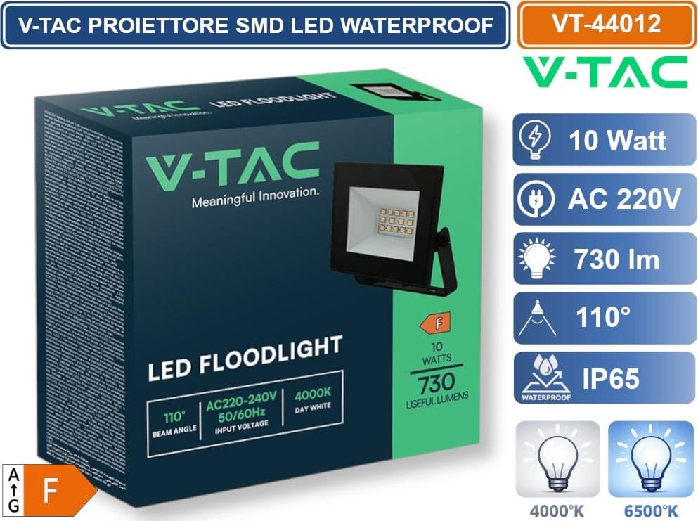 V-TAC VT-44012-B PROIETTORE FARO SMD LED ULTRASLIM 10W COLORE NERO DA ESTERNO IP65 4000K - 6500K - 4
