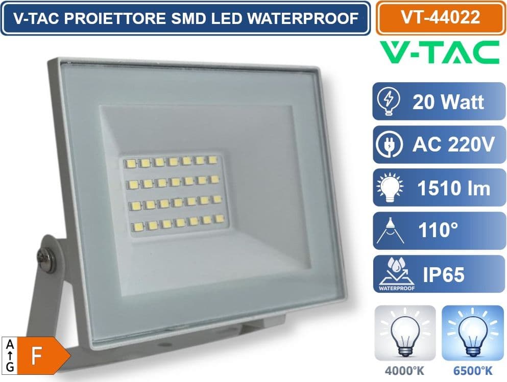V-TAC VT-44022-W PROIETTORE FARO SMD LED ULTRASLIM 20W COLORE BIANCO DA ESTERNO IP65 4000K - 6500K - 2