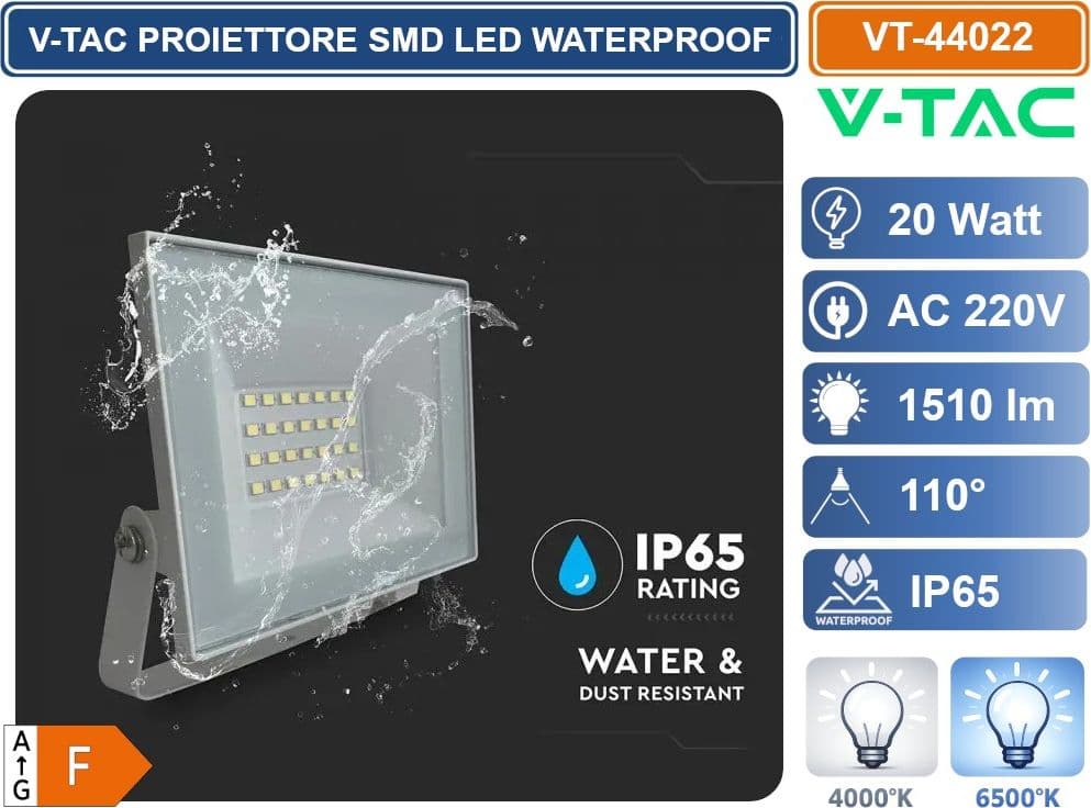 V-TAC VT-44022-W PROIETTORE FARO SMD LED ULTRASLIM 20W COLORE BIANCO DA ESTERNO IP65 4000K - 6500K - 3