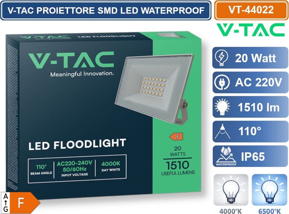V-TAC VT-44022-W PROIETTORE FARO SMD LED ULTRASLIM 20W COLORE BIANCO DA ESTERNO IP65 4000K - 6500K - 4