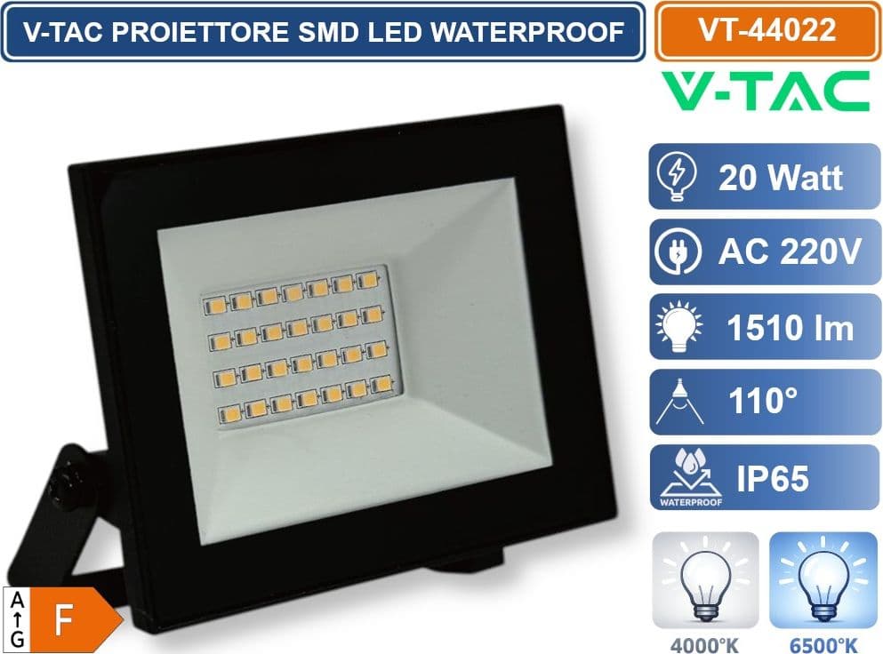 V-TAC VT-44022-B PROIETTORE FARO SMD LED ULTRASLIM 20W COLORE NERO DA ESTERNO IP65 4000K - 6500K - 2
