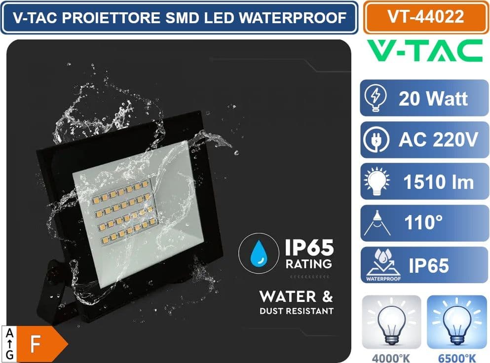 V-TAC VT-44022-B PROIETTORE FARO SMD LED ULTRASLIM 20W COLORE NERO DA ESTERNO IP65 4000K - 6500K - 3