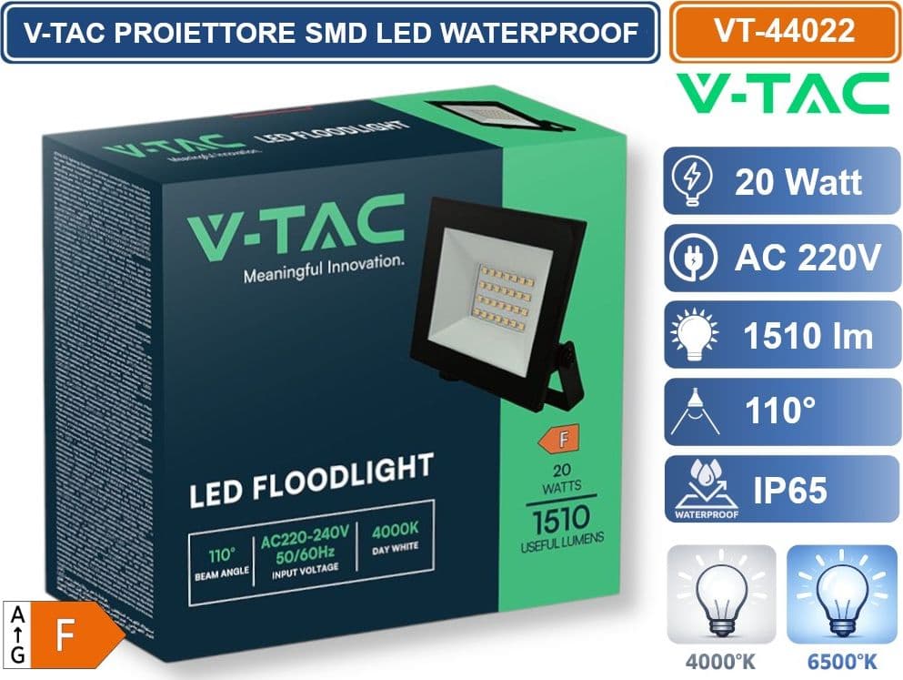 V-TAC VT-44022-B PROIETTORE FARO SMD LED ULTRASLIM 20W COLORE NERO DA ESTERNO IP65 4000K - 6500K - 4