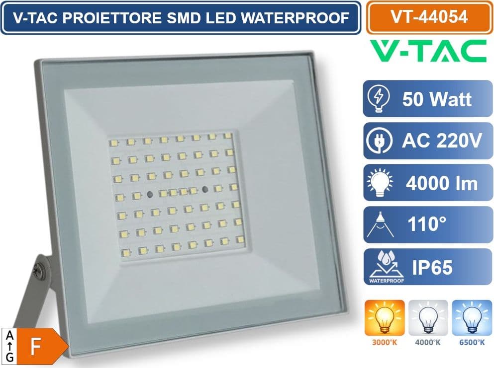 V-TAC VT-44054-W PROIETTORE FARO SMD LED ULTRASLIM 50W COLORE BIANCO DA ESTERNO IP65 4000K - 6500K - 2