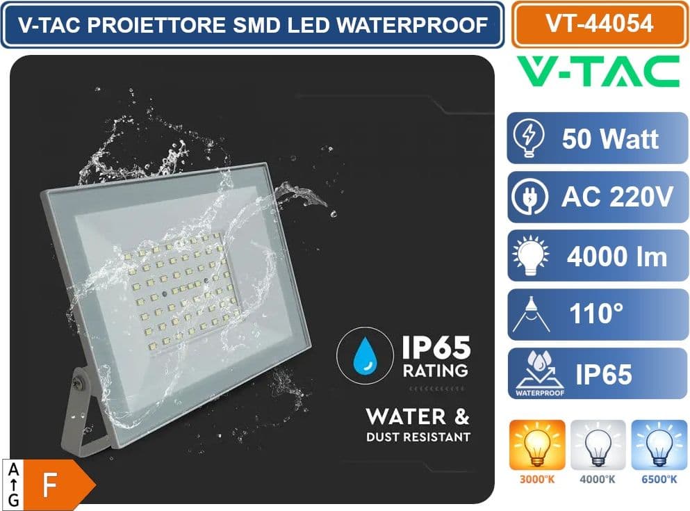 V-TAC VT-44054-W PROIETTORE FARO SMD LED ULTRASLIM 50W COLORE BIANCO DA ESTERNO IP65 4000K - 6500K - 3