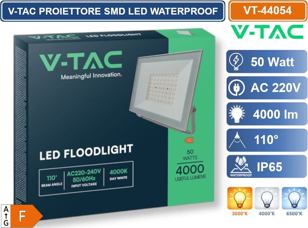 V-TAC VT-44054-W PROIETTORE FARO SMD LED ULTRASLIM 50W COLORE BIANCO DA ESTERNO IP65 4000K - 6500K - 4