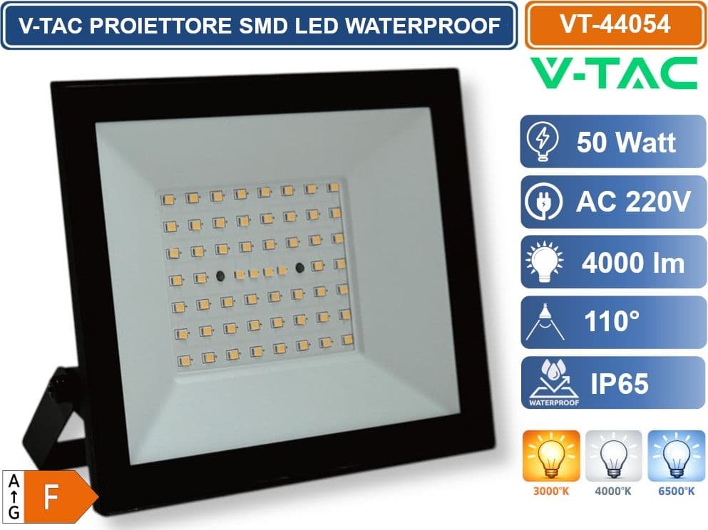 V-TAC VT-44054-B PROIETTORE FARO SMD LED ULTRASLIM 50W COLORE NERO DA ESTERNO IP65 3000K - 4000K - 6500K - 2