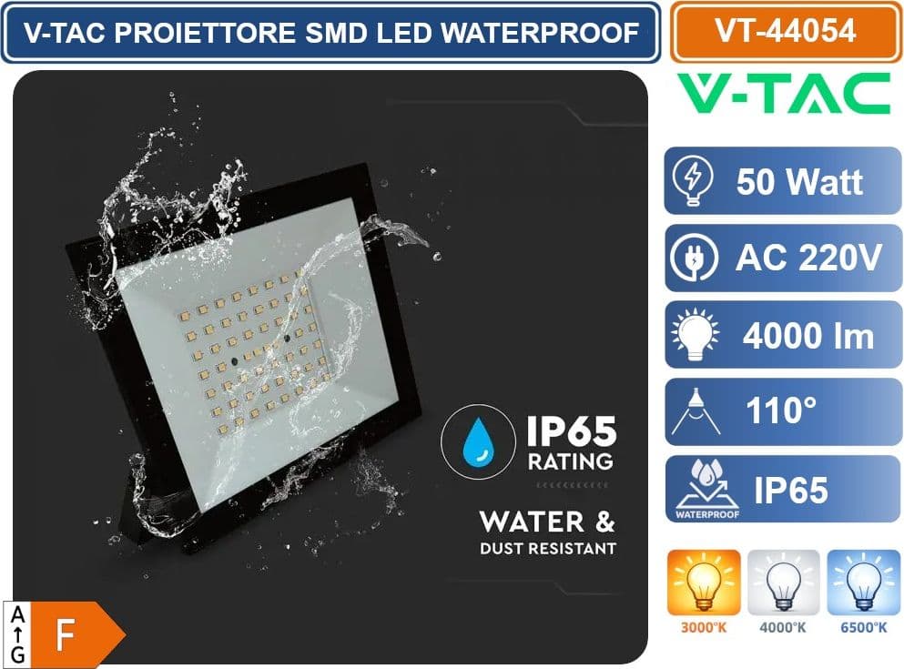 V-TAC VT-44054-B PROIETTORE FARO SMD LED ULTRASLIM 50W COLORE NERO DA ESTERNO IP65 3000K - 4000K - 6500K - 3