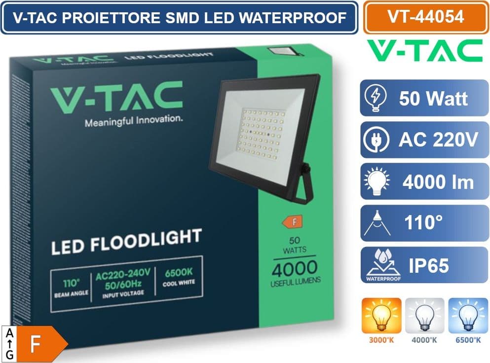 V-TAC VT-44054-B PROIETTORE FARO SMD LED ULTRASLIM 50W COLORE NERO DA ESTERNO IP65 3000K - 4000K - 6500K - 4