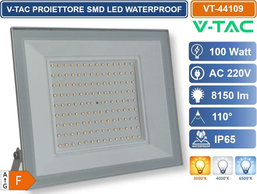 V-TAC VT-44109-W PROIETTORE FARO SMD LED ULTRASLIM 100W COLORE BIANCO DA ESTERNO IP65 4000K - 6500K - 2