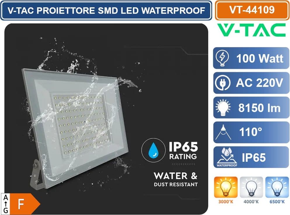 V-TAC VT-44109-W PROIETTORE FARO SMD LED ULTRASLIM 100W COLORE BIANCO DA ESTERNO IP65 4000K - 6500K - 3