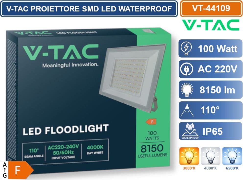 V-TAC VT-44109-W PROIETTORE FARO SMD LED ULTRASLIM 100W COLORE BIANCO DA ESTERNO IP65 4000K - 6500K - 4