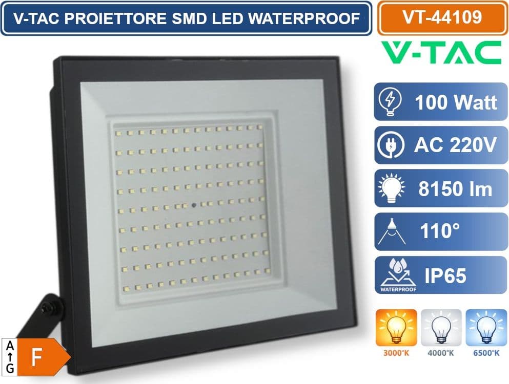 V-TAC VT-44109-B PROIETTORE FARO SMD LED ULTRASLIM 100W COLORE NERO DA ESTERNO IP65 3000K - 4000K - 6500K - 2