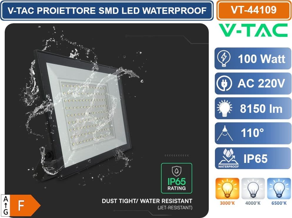 V-TAC VT-44109-B PROIETTORE FARO SMD LED ULTRASLIM 100W COLORE NERO DA ESTERNO IP65 3000K - 4000K - 6500K - 3