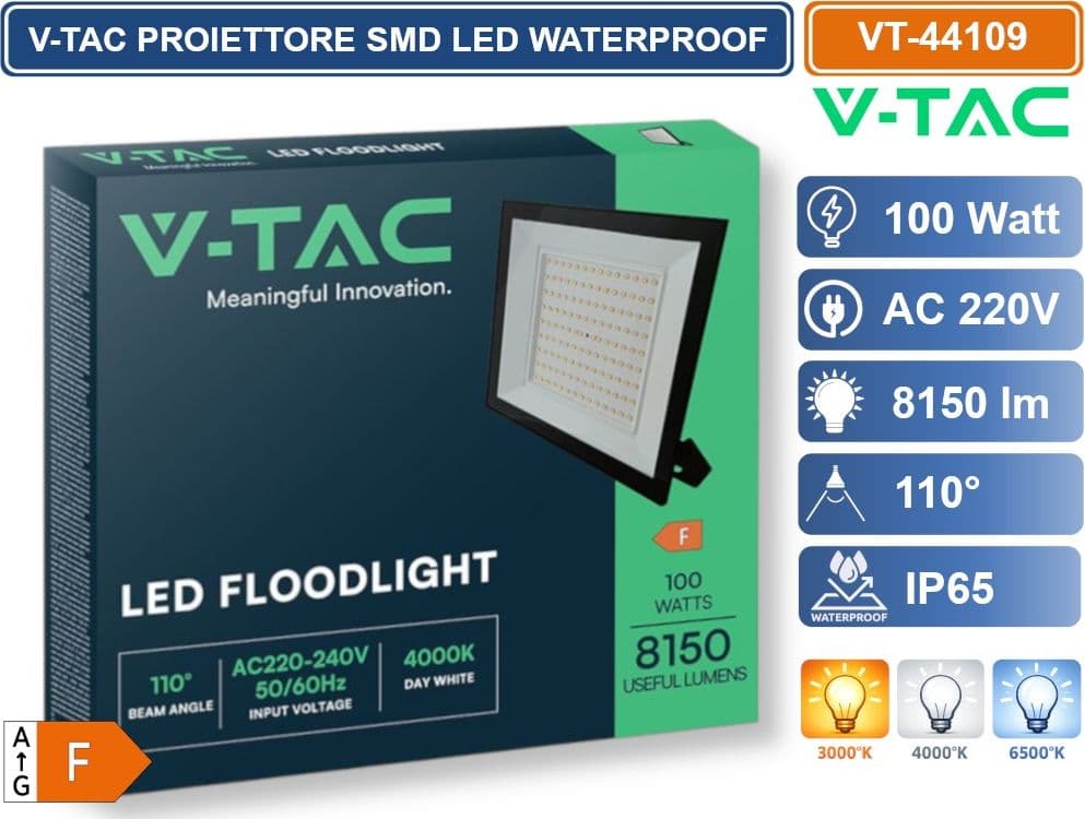 V-TAC VT-44109-B PROIETTORE FARO SMD LED ULTRASLIM 100W COLORE NERO DA ESTERNO IP65 3000K - 4000K - 6500K - 4