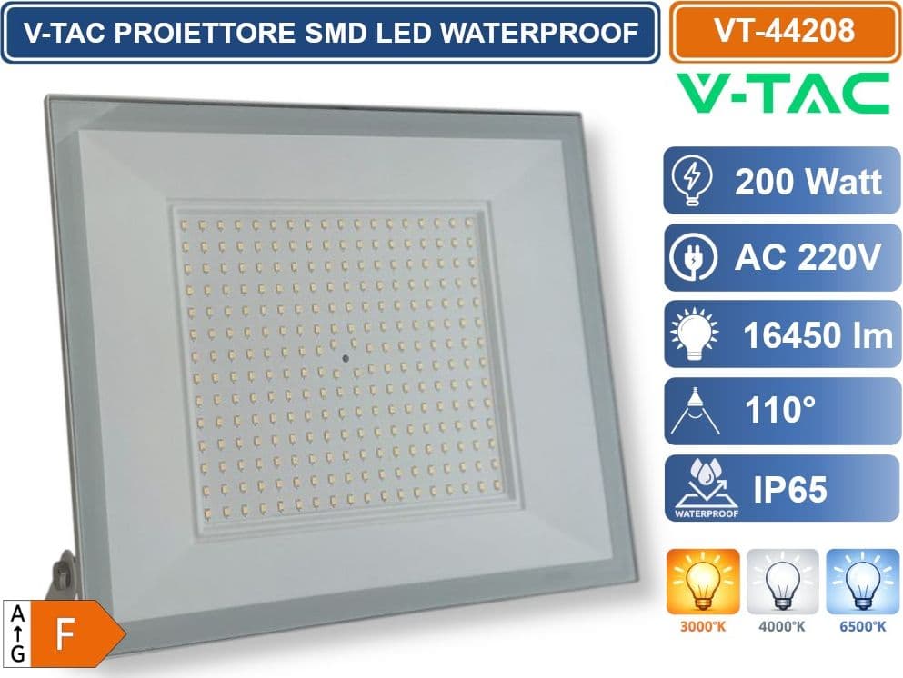 V-TAC VT-44208-W PROIETTORE FARO SMD LED ULTRASLIM 200W COLORE BIANCO DA ESTERNO IP65 4000K - 6500K - 2