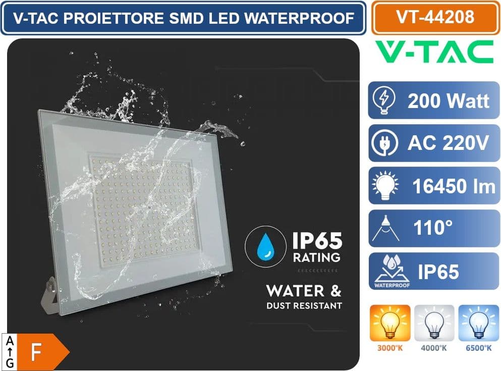V-TAC VT-44208-W PROIETTORE FARO SMD LED ULTRASLIM 200W COLORE BIANCO DA ESTERNO IP65 4000K - 6500K - 3