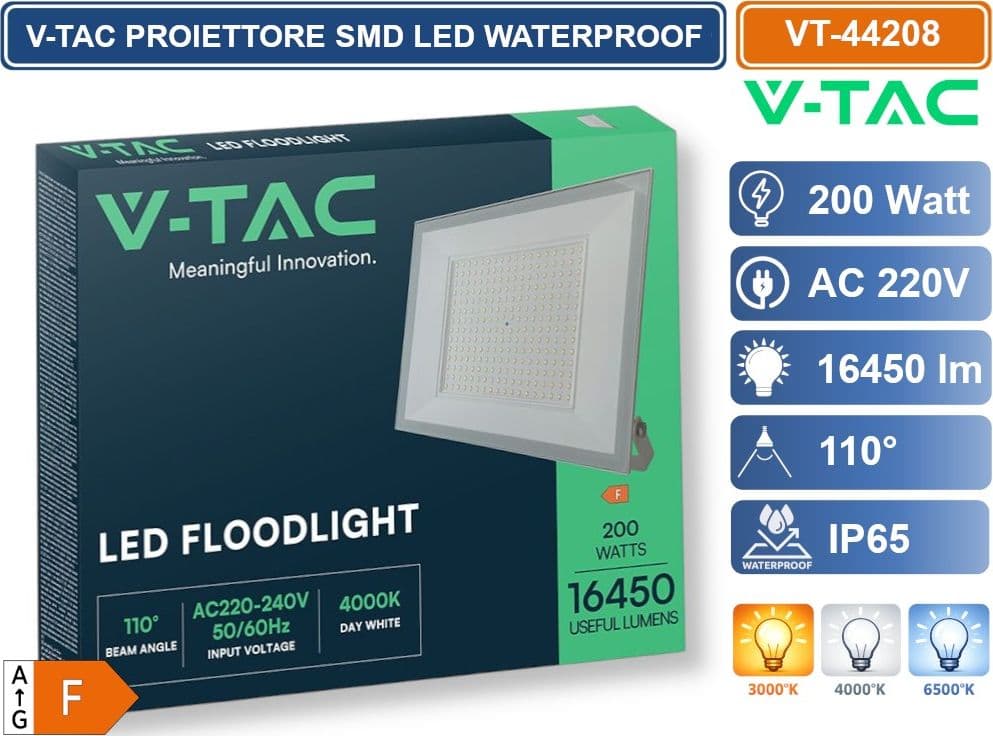 V-TAC VT-44208-W PROIETTORE FARO SMD LED ULTRASLIM 200W COLORE BIANCO DA ESTERNO IP65 4000K - 6500K - 4
