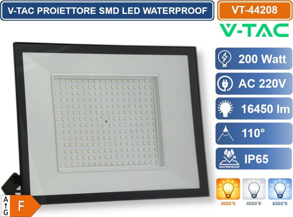 V-TAC VT-44208-B PROIETTORE FARO SMD LED ULTRASLIM 200W COLORE NERO DA ESTERNO IP65 4000K - 6500K - 2