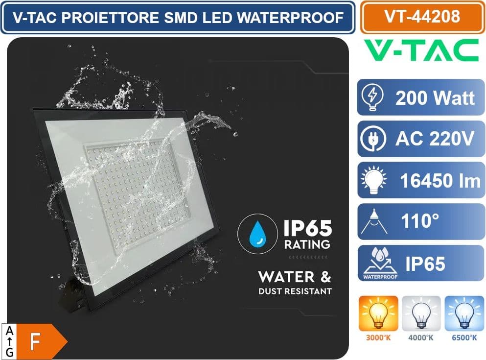 V-TAC VT-44208-B PROIETTORE FARO SMD LED ULTRASLIM 200W COLORE NERO DA ESTERNO IP65 4000K - 6500K - 3