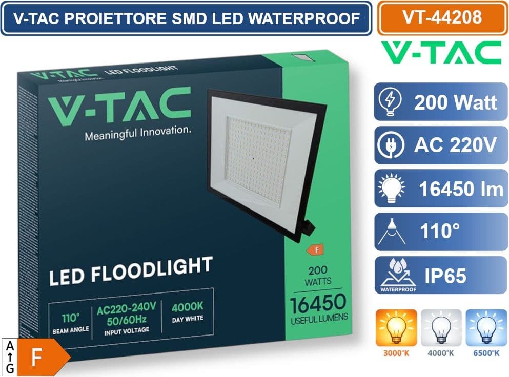 V-TAC VT-44208-B PROIETTORE FARO SMD LED ULTRASLIM 200W COLORE NERO DA ESTERNO IP65 4000K - 6500K - 4