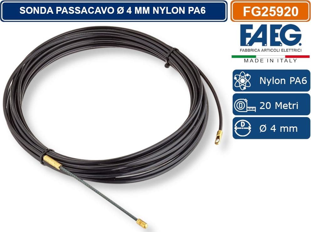 FAEG - FG25920 SONDA PASSACAVO Ø 4MM 20 METRI IN NYLON PA6 CON TERMINALI SVITABILI M4 RAL9017